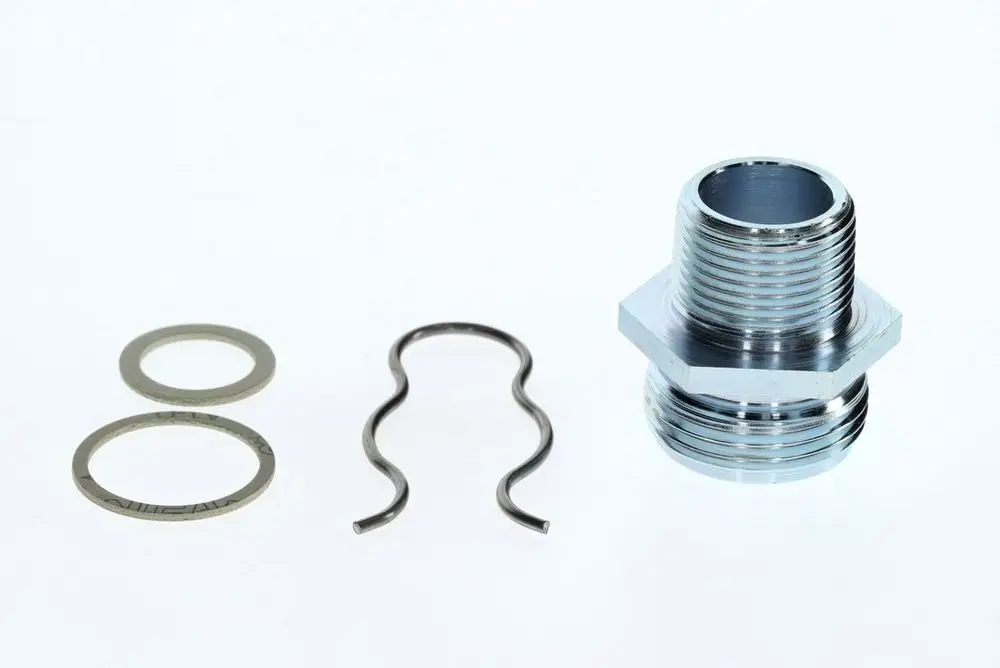 BOSCH-Produkt bestehend aus einem Metallnippel, zwei Dichtungen und einem Sicherungsring, angeordnet auf hellem Hintergrund.